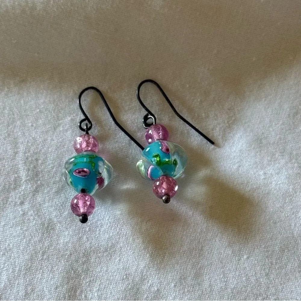 Pink and Blue Handblown Glass Bead Earrings